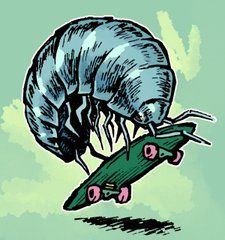 a drawing of a flea attacking a skateboarder in mid air with its mouth open