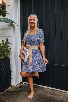 Let your style roam free in this beautiful navy dress featuring lightweight material patterned with a small white floral print, a square neckline and upper back, short bubble sleeves with tied cuffs, a wide smocked waistline, and a flattering skirt silhouette that ends in a straight mid-thigh length hemline! Smocked Dress, Navy Dress, Square Necklines, Square Neckline, Two Piece Skirt Set, Floral Print, Floral Prints, Skirt, Sewing