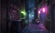 a dark alley with neon lights and trash cans