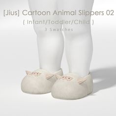 a pair of white slippers with cartoon animals on the front and back feet, all in various sizes