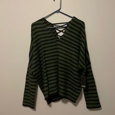 A.N.A. Green And Black Striped Sweater. V Neck And Lace Up V Neck In The Back. Nwt, Size L Edgy Green Tops For Fall, Green And Black Striped Sweater, Stripped Outfit, Black Striped Sweater, Green Outfit, Green And Black, Striped Sweater, Stripe Sweater, Black Stripes