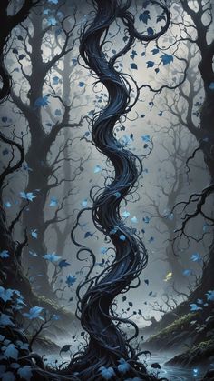 an artistic painting of a tree in the middle of a forest with blue leaves on it