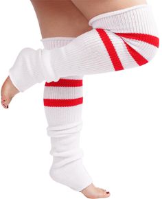 PRICES MAY VARY. Package and material: The package includes a pair of leg warmer socks and a pair of garter belts. The function of the garter belts is to prevent the leg cover from slipping off. Plus size knit leg warmers are made of a nylon and acrylic fabric blend that is soft, comfortable and warm with plenty of stretch. The striped design featured on the top of the ankle warmers adds a stylish touch. Sizes: The length from the top of the leg sleeve to the heel is 27 inches. The maximum stret Thigh High Leg Warmers, Red Color Combinations, Thigh High Sock, Plus Size Tights, Lace Stockings, Knit Leg Warmers, Leg Warmer, Leg Sleeves, Thigh High Socks