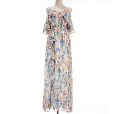 * Length (From Bottom Of Collar): 49 White Printed Floor-length Dress, Multicolor Off-shoulder Floral Maxi Dress, Off-shoulder Multicolor Dresses For Garden Party, Multicolor Long Floral Dress For Vacation, Multicolor Off-shoulder Dresses For Garden Party, Elegant Multicolor Off-shoulder Dress, Flowy Multicolor Off-shoulder Maxi Dress, Multicolor Flowy Off-shoulder Maxi Dress, Multicolor Chiffon Maxi Dress For Garden Party