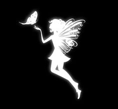 a white silhouette of a fairy holding a butterfly in her hand on a black background