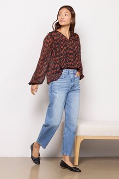 Refresh your fall wardrobe with this stylish printed blouse by EVEREVE. Finished in semi-sheer fabric, this flowy silhouette features long puff sleeves, ruffled seams, and a split neckline with a covered button. Take it from day to night with jeans or vegan leather pants. Note: This top is unlined. Cami not included. | EVEREVE Women's Leo Blouse, Size Small, Brown Vegan Leather Pants, Fashion 101, Long Puff Sleeves, Sheer Fabric, Fall Shopping, Tee Dress, Medium Brown, Sheer Fabrics, Fall Wardrobe