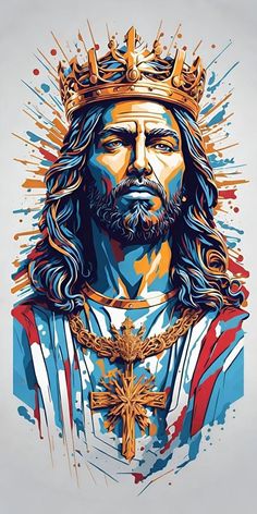 a painting of jesus wearing a crown and holding a cross in front of his face