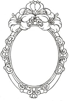 an oval frame with flowers and scrolls on the edges, in black and white ink