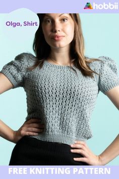 a woman wearing a knitted sweater with her hands on her hips and the text, free knitting pattern