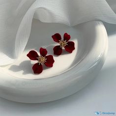 OrcaJump - Exquisite S925 Silver Vintage Velvet Red Earrings with Flocking Red Flower-shaped Earrings For Party, Red Floral Earrings For Party, Red Flower Shape Earrings For Party, Red Flower-shaped Party Earrings, Red Flower Shaped Party Earrings, Elegant Red Flower Earrings For Party, Elegant Red Flower Earrings, Red Elegant Drop Flower Earrings, Elegant Red Drop Flower Earrings