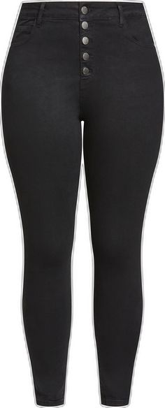 Black Fitted Elastane Jeggings, Fitted Black Elastane Jeggings, Black Mid-rise Elastane Jeggings, Mid-rise Black Elastane Jeggings, Black Tight Jeggings With Elastane, Black Straight Leg Jeggings, Plus Size Denim, Denim Chic, White Crew Neck