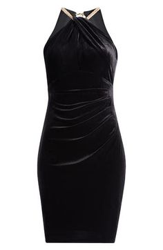 A sleek goldtone chain fashions the halter neck of this alluring velvet cocktail dress that's made with generous stretch. Slips on over head Halter neck Sleeveless Unlined 90% polyester, 10% spandex Hand wash, line dry Imported Elegant Velvet Mini Dress, Elegant Velvet Dress For Date Night, Glamorous Sleeveless Velvet Evening Dress, Glamorous Evening Sleeveless Velvet Dress, Elegant Ruched Velvet Mini Dress, Elegant Ruched Velvet Dress For Cocktail, Elegant Ruched Velvet Dress, Sleeveless Velvet Mini Dress For Evening, Velvet Sleeveless Mini Dress For Evening