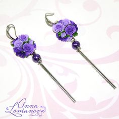 "Purple rose earrings Purple flower earrings Purple long earrings Lilac long earrings Purple jewelry Polymer clay earrings Statement earrings These lovely and at the same time bright earrings will give you joy and many compliments.   If you want me to replace the metal part at the bottom with a loop of chains, please write to me. And I will do it.  These earrings can be made with carnations.  I can make similar earrings for you in any color combination. To do this, write me a private message. Ea Elegant Earrings With 3d Flowers In Polymer Clay, Elegant Purple Polymer Clay Earrings, Bright Earrings, Jewelry Polymer Clay, Rose Violette, Purple Jewelry, Packing Jewelry, Earrings Purple, Purple Rose