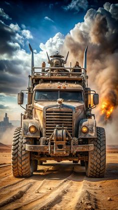 a large truck driving down a dirt road under a sky filled with lots of clouds