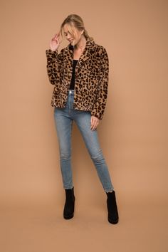 Super Soft Leopard Fur Jacket that will be a wardrobe staple. 100% Polyester Trendy Faux Fur Trim Coat For Fall, Trendy Fur Coat With Faux Fur Trim For Fall, Casual Long Sleeve Faux Fur Outerwear, Casual Faux Fur Outerwear With Long Sleeves, Casual Workwear Outerwear With Faux Fur Lining, Casual Outerwear With Faux Fur Lining For Work, Trendy Long Sleeve Fur Coat With Faux Fur Trim, Trendy Fur Coat For Fall Workwear, Spring Workwear Fur Coat With Faux Fur Lining