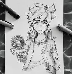 a drawing of an anime character holding a ball