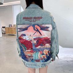 Autumn Funny, Style Jean Jacket, E Girl Style, Hippie Jeans, Jackets Vintage, Long Denim Jacket, Printed Denim Jacket, Tumblr Outfits, Fashion Female