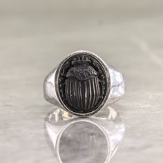 Sterling silver signet ring with 3d SCARAB made of resin on top. The design and manufacturing is made by me in y studio, with a lot of attention to each ring from the design and printing than to the casting and polishing. The ring in the photos is size 10us so its looks big and dominant , in smaller sizes it will be proportional to the finger size. You can order any size, even half sizes,each ring is made special to each client to fit to his/her finger size. If you do not know your finger size p Irish Rings, Bee Ring, Egyptian Jewelry, Silver Signet Ring, Cat Ring, Animal Rings, Best Friend Gift, Silver Gifts, Signet Ring