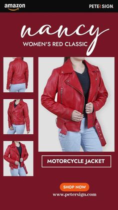 Women Biker Jacket Casual Red Leather Jacket For Biker Events, Red Zipper Closure Outerwear For Biker Events, Red Zipper Outerwear For Biker Events, Red Biker Outerwear For Events, Red Biker Outerwear For Biker Events, Red Fitted Outerwear For Motorcycling, Red Long Sleeve Outerwear For Biker Events, Red Leather Long Sleeve Jacket For Motorcycling, Red Motorcycle Outerwear For Fall