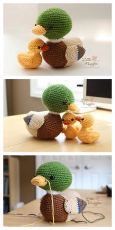 crocheted stuffed ducks sitting on top of a table