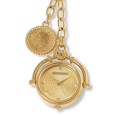 Bellezza 20 Lira Coin Double Drop Pendant Watch Necklace  Chic rope detail complements the pendant watch and the genuine lira coin you'll find in this Bellezza necklace. A reimagining of the pocket watch, the piece is a statement style that's equal parts jewelry and timepiece.        Necklace approx. 22-13/16"L x 1-7/8"W     Case approx. 1-7/16"L x 1-7/16"W x 3/8"H     Stainless steel; goldtone finish      Hour, minute, second hands     Stainless steel stem with serrated pumpkin crown      Water-resistant to 3 ATM - easily withstands splashes or brief immersion in water     Quartz movement     Flat mineral crystal     Oval-link necklace: hook clasp     Pendant-style watch drop and 20-lira coin drop (not removable); rope-textured accenting throughout     The lira coin may have minor imperfe Gold Pocket Watch With Metal Dial, Timeless Round Coin Pendant Necklace, Formal Round Pendant Jewelry With Logo Charm, Timeless Gold Metal Pocket Watch, Luxury Round Pocket Watch With Locket, Timeless Yellow Gold Coin Necklace, Timeless Formal Coin Pendant Jewelry, Elegant Gold Round Pendant Pocket Watch, Timeless Metal Round Pocket Watch