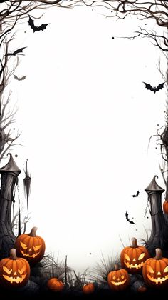 a halloween scene with pumpkins and bats