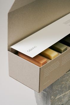 an open box containing soaps and a note