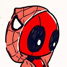 a drawing of a red and black cartoon character with big eyes, wearing a spider - man mask