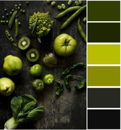 an assortment of fruits and vegetables are shown in shades of green, yellow, and grey