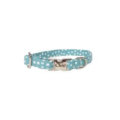 a blue and white polka dot dog collar with the word, ohh on it