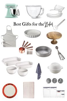 the best gifts for the baker are in this image, including baking utensils and cake pans