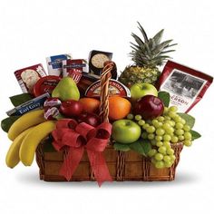 a fruit and gourmet gift basket