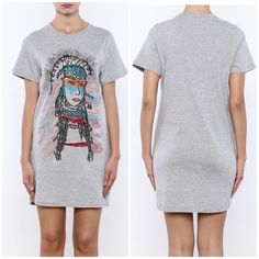 1 White T-Shirt Dress With Colorful Native American Woman Image, Short Sleeves And A Crew Neck. Size: S/M Cotton Graphic Print T-shirt Dress With Short Sleeves, Cotton Graphic T-shirt Dress With Short Sleeves, Cotton Graphic Print Short Sleeve T-shirt Dress, Relaxed Fit Graphic Print Dress With Crew Neck, Fitted Cotton T-shirt Dress With Graphic Print, Green Mermaid Prom Dress, Geranium Dress, White Tshirt Dress, Native American Woman