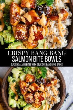 bang bang salmon bowls Bang Bang Salmon Bites, Crispy Salmon Bites, Bang Bang Salmon, Bowls Healthy, Bang Bang Sauce, Crispy Salmon, Salmon Bites, Healthy Bowls Recipes, Resep Diet