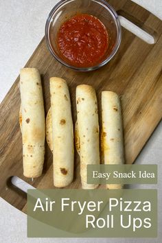 easy snack idea air fryer pizza rolls with marinara sauce on the side and text overlay