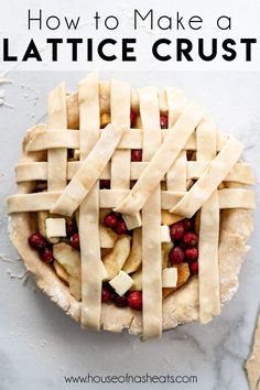 an apple pie with latticed crust and cranberries on the top, ready to be eaten