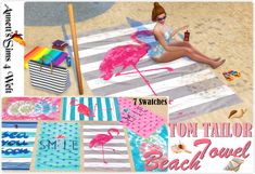 a woman sitting on top of a towel next to a pink flamingo beach towel