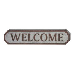 a metal sign that says welcome with the word'welcome'in brown and white