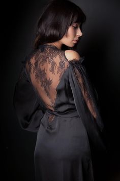 Gorgeous handmade silk dressing gown  This Composition Features : -Black silk  -Black lace  -Two slid on the sides -Wrap design  Hand wash recommended Handmade with Love Luxury Satin Dress With Lace Trim, Silk Dresses With Lace Sleeves, Silk Evening Dress With Lace Sleeves, Satin Gown With Lace Trim For Party, Party Satin Gown With Lace Trim, Party Gown With Lace Trim And Satin Material, Elegant Sheer Robe For Party, Silk Party Gown With Sheer Sleeves, Party Silk Gown With Sheer Sleeves