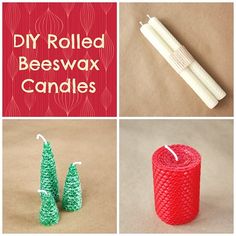 crocheted candles and christmas trees are featured in this collage with the words, diy rolled beeswax candles