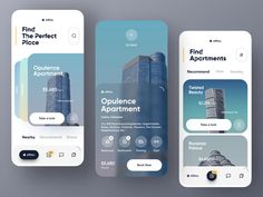 three mobile screens showing the app design for an apartment development