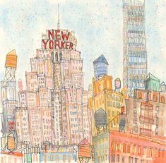 a watercolor drawing of new york city with the empire building in the back ground