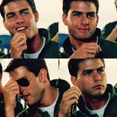 four pictures of a man brushing his teeth and wearing sunglasses with different angles to the side