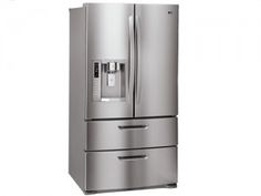 a stainless steel refrigerator freezer with water dispenser on the front and bottom