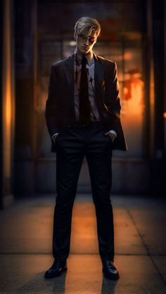 a man wearing a suit and tie standing in an alleyway at night with his hands on his hips