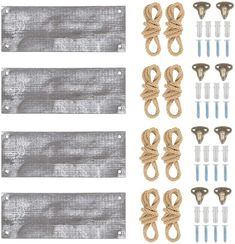 an assortment of rope and hooks on a white background