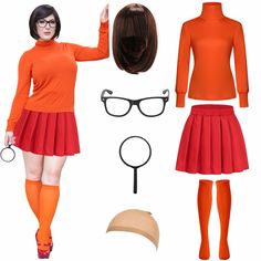 a woman in an orange shirt and red skirt is standing next to a wig, eyeglasses, and headband