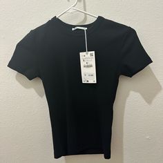 Brand New With Tags Zara Black Shirt Fitted Black T-shirt For Work, Casual Black Fitted Top, Chic Black Crew Neck T-shirt, Crew Neck Black T-shirt For Work, Black Crew Neck T-shirt For Work, Black T-shirt For Work, Black Workwear T-shirt, Black Fitted Short Sleeve Top, Zara Black Short Sleeve T-shirt