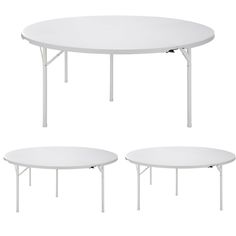 three white tables sitting next to each other