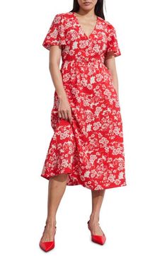 An enchanting floral pattern brightens up a flutter-sleeve midi dress in a classic A-line silhouette. 46 1/2" length (size 4) Front button closure V-neck Short sleeves Side-seam pockets Unlined 85% viscose, 15% polyamide Dry clean Imported Red Midi Floral Dress, Red Floral Midi Dress For Daywear, Red Flowy Floral Midi Dress, Red Floral Print Midi Dress, Red Floral Print Midi Dress For Daywear, Feminine Red Floral Print Midi Dress, Red Midi Dress With Ditsy Floral Print, Red Non-stretch Short Sleeve Midi Dress, Red Floral Print Knee-length Midi Dress